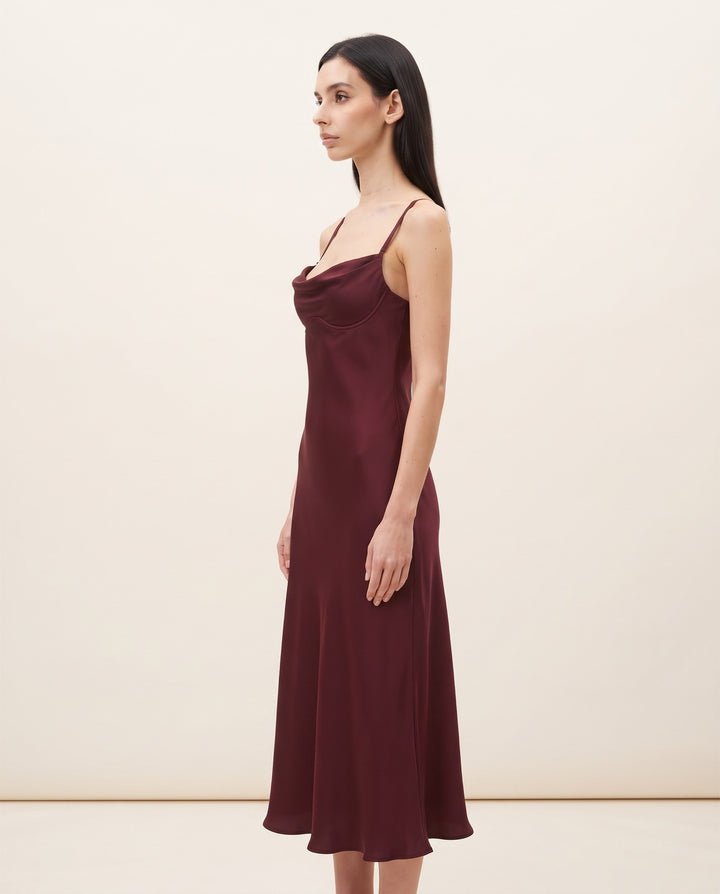 Cowl-Neck Bias Satin Slip Midi Dress
