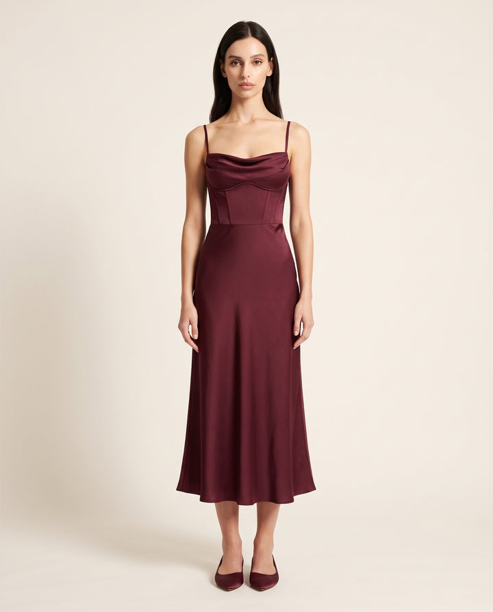 Cowl-Neck Bias Satin Slip Midi Dress