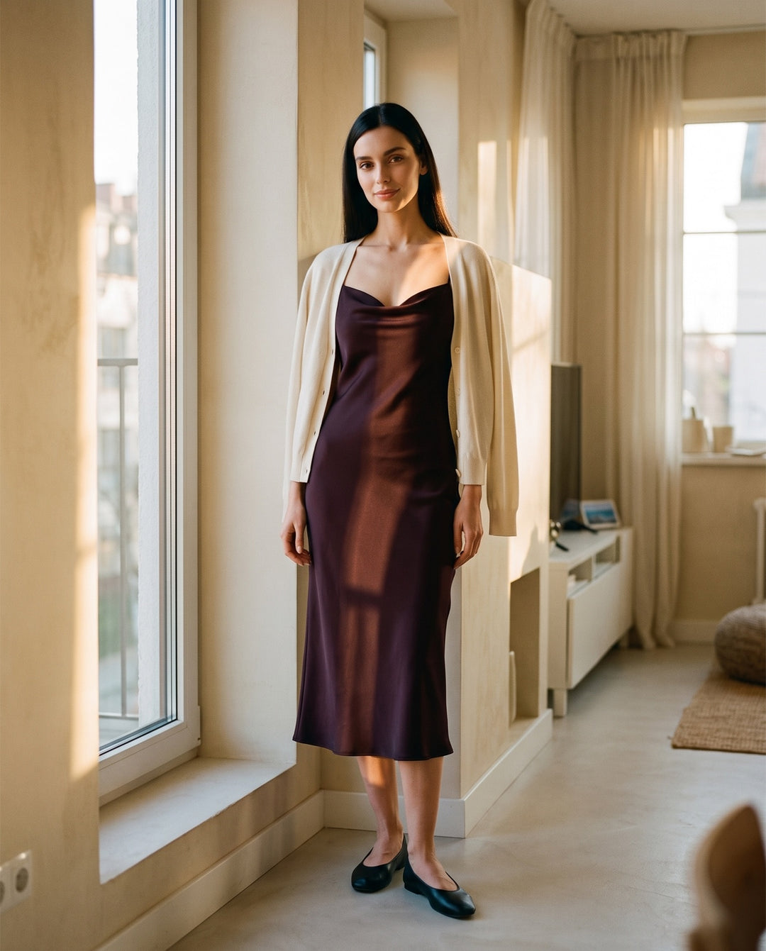 Cowl-Neck Bias Satin Slip Midi Dress