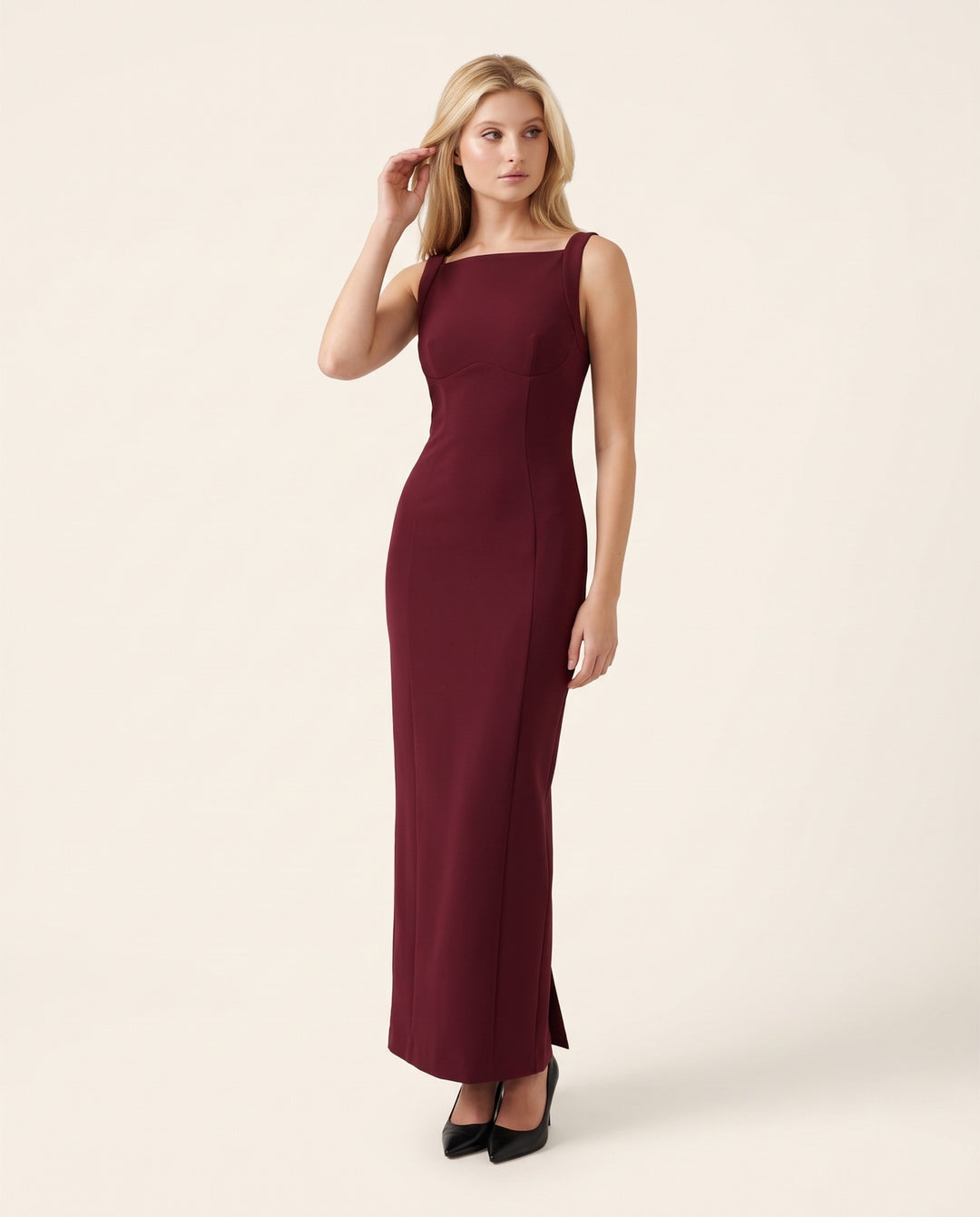 Princess-Seam Crepe Column Maxi Dress
