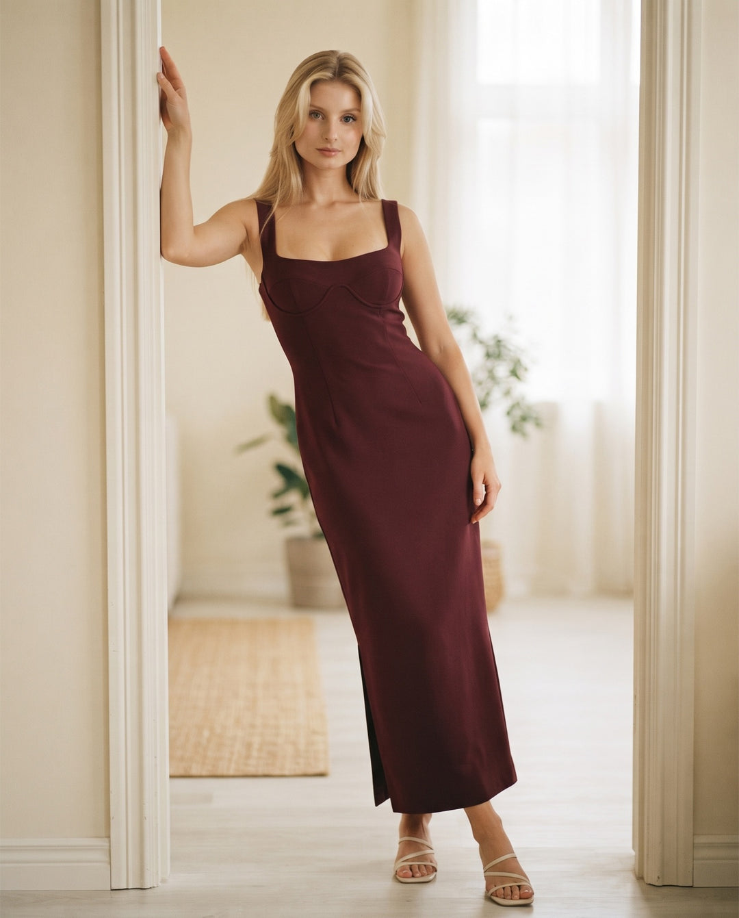 Princess-Seam Crepe Column Maxi Dress