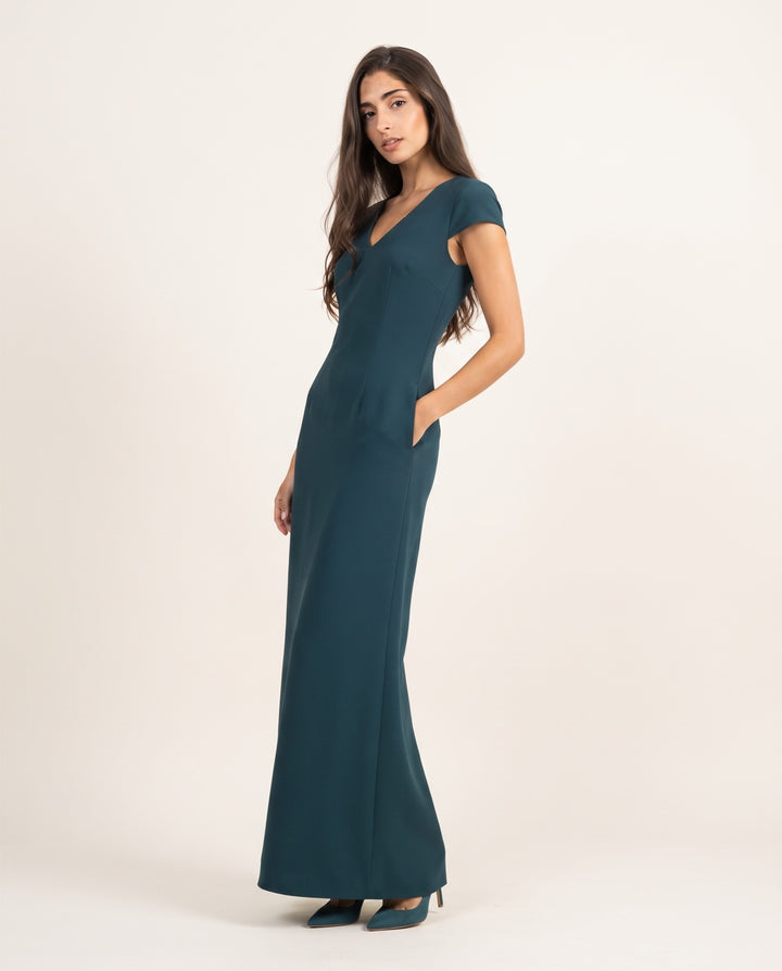 V-Neck Cap-Sleeve Crepe Maxi Dress