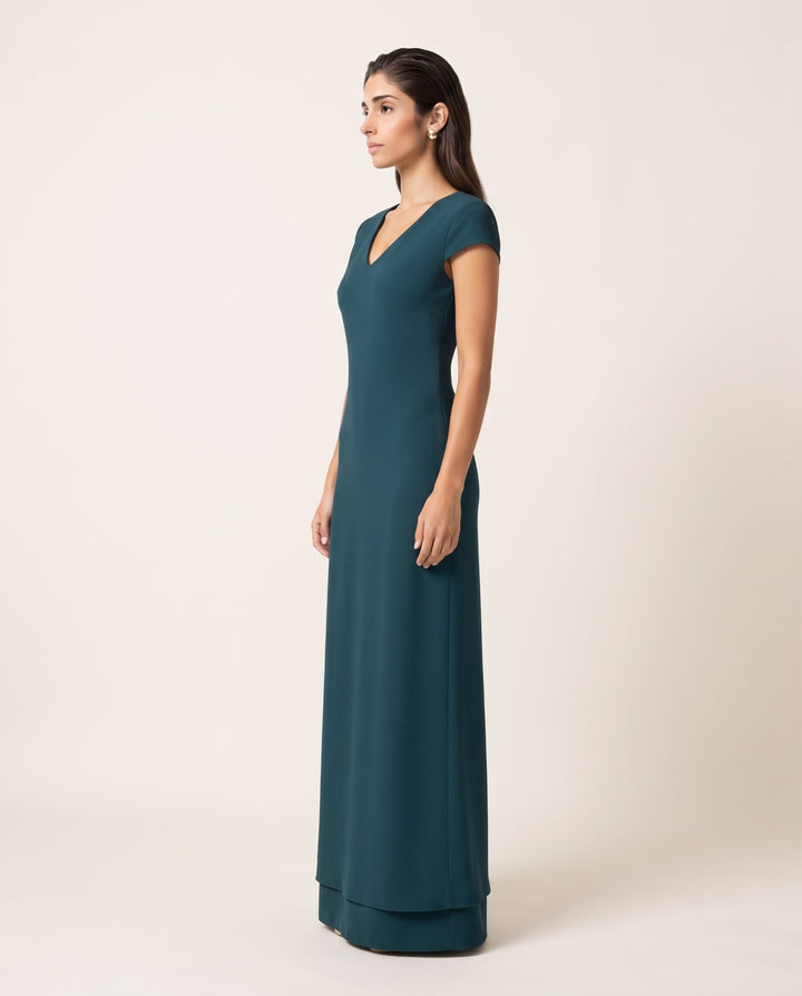 V-Neck Cap-Sleeve Crepe Maxi Dress