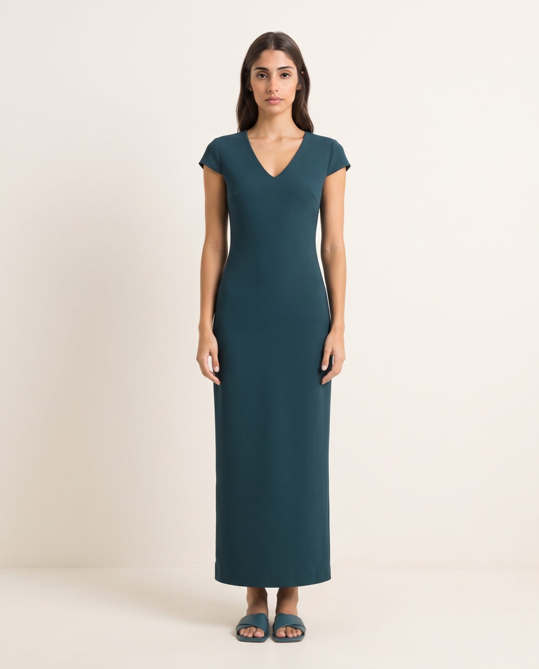 V-Neck Cap-Sleeve Crepe Maxi Dress