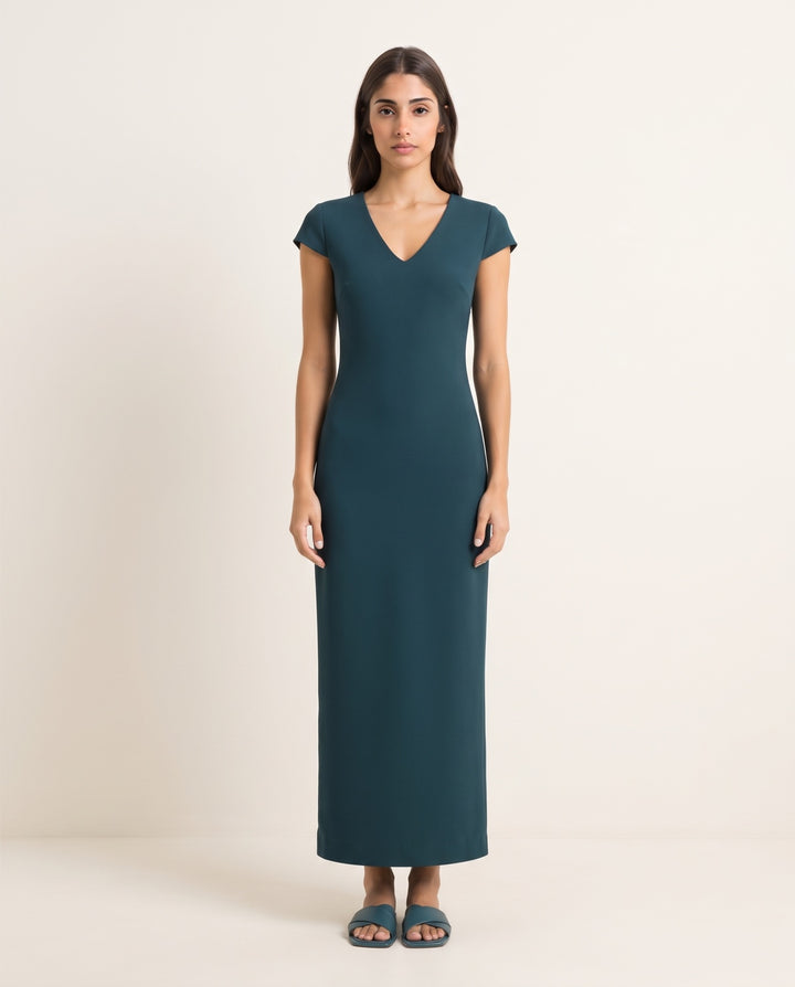 V-Neck Cap-Sleeve Crepe Maxi Dress