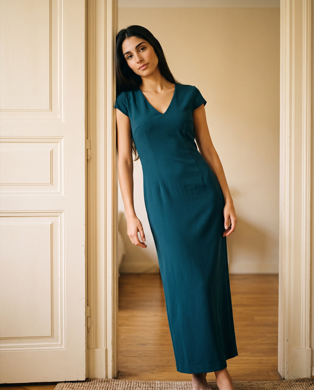 V-Neck Cap-Sleeve Crepe Maxi Dress