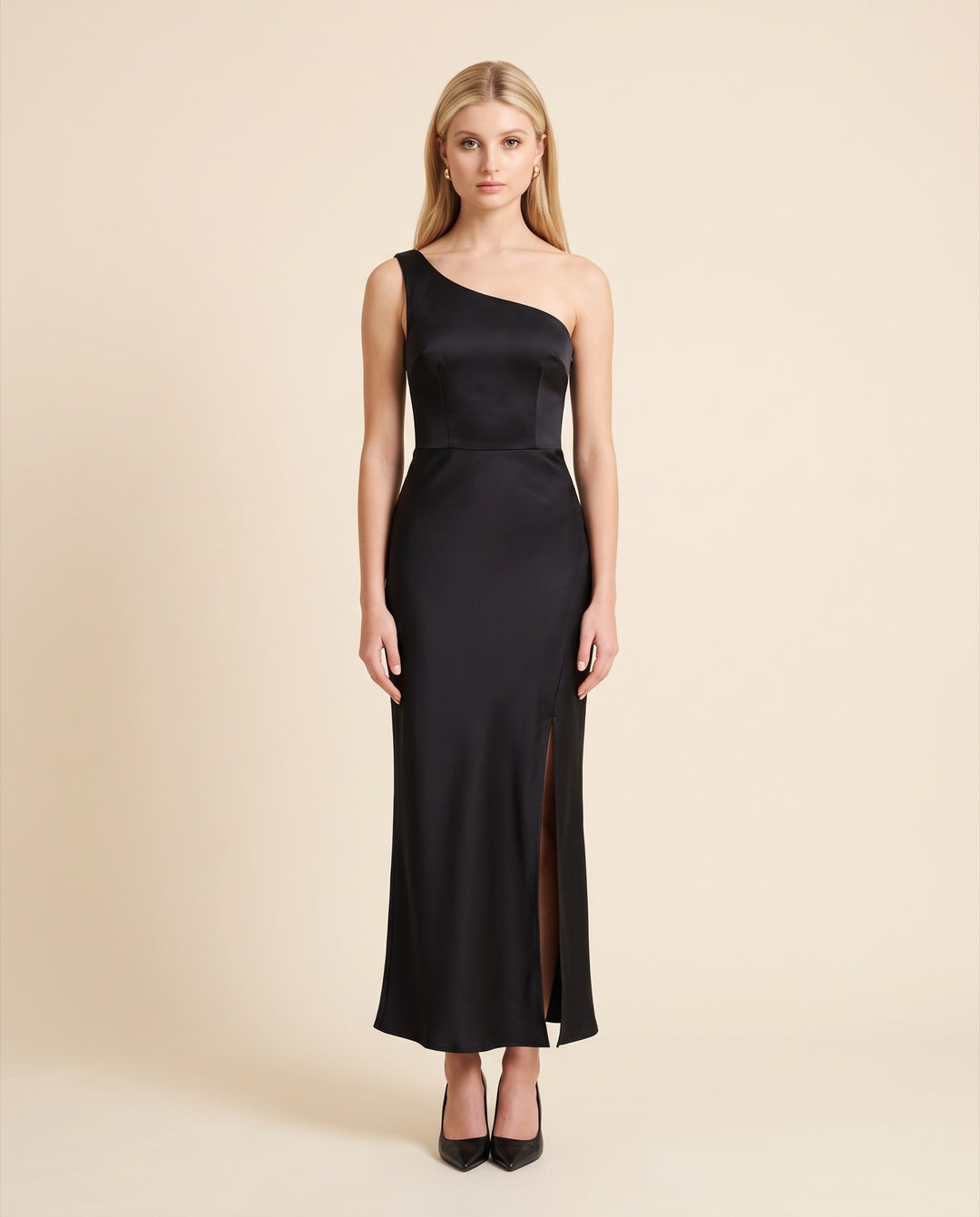 One-Shoulder Bias Satin Maxi Dress