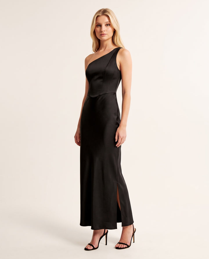 One-Shoulder Bias Satin Maxi Dress