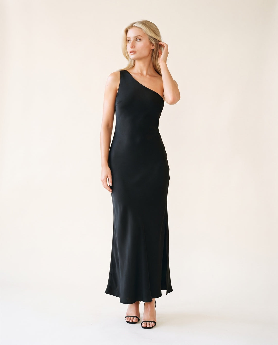 One-Shoulder Bias Satin Maxi Dress