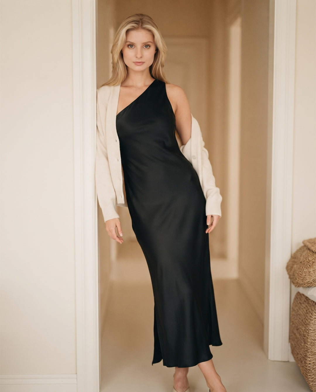 One-Shoulder Bias Satin Maxi Dress