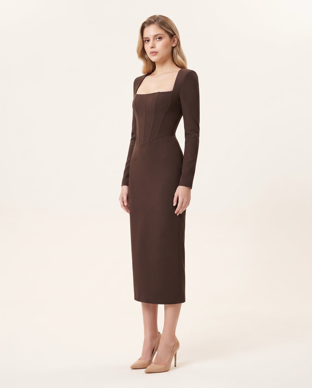 Long-Sleeve Corset Crepe Midi Dress