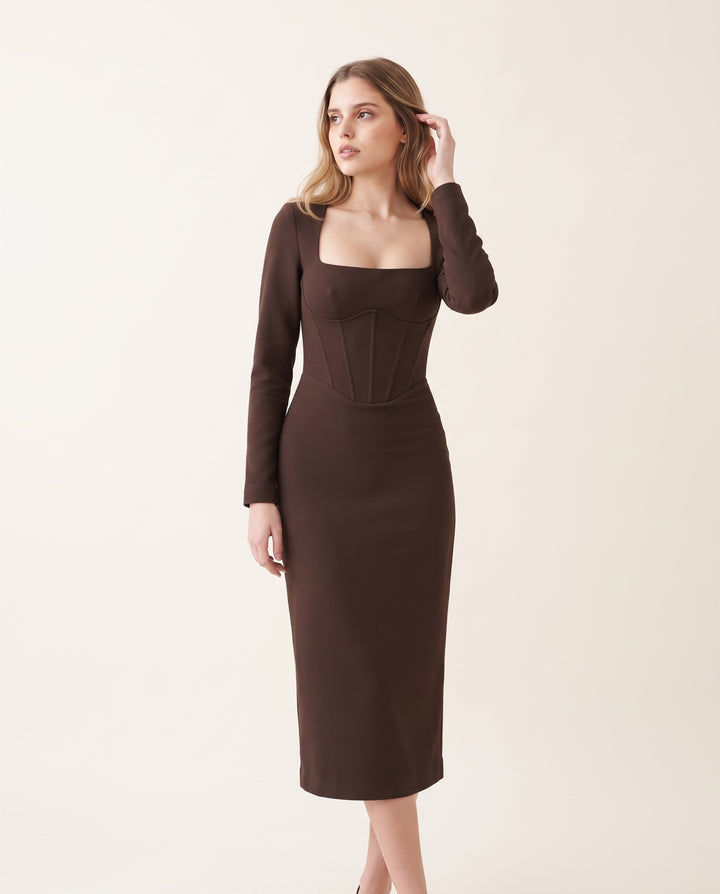 Long-Sleeve Corset Crepe Midi Dress