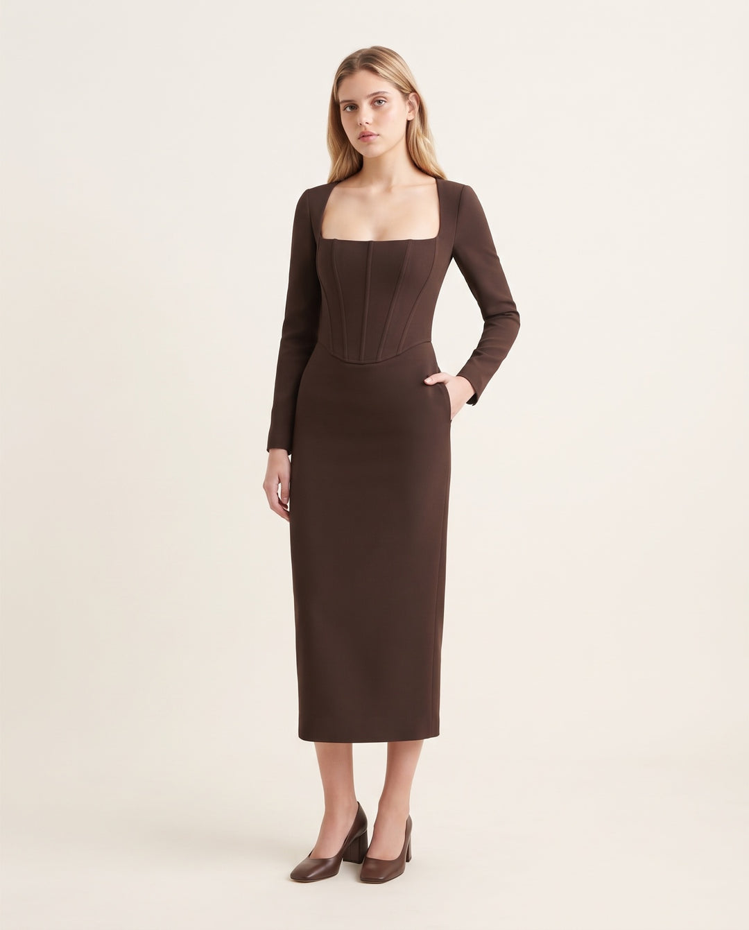 Long-Sleeve Corset Crepe Midi Dress