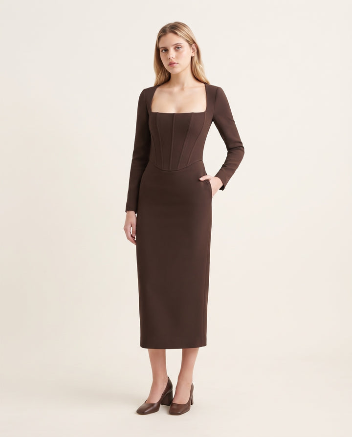 Long-Sleeve Corset Crepe Midi Dress