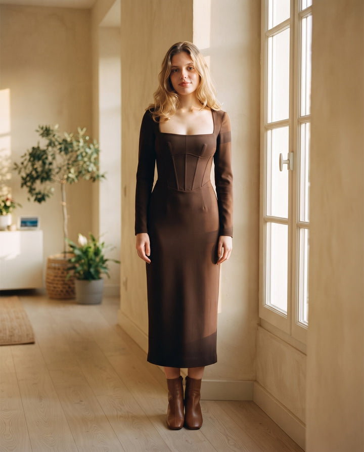 Long-Sleeve Corset Crepe Midi Dress