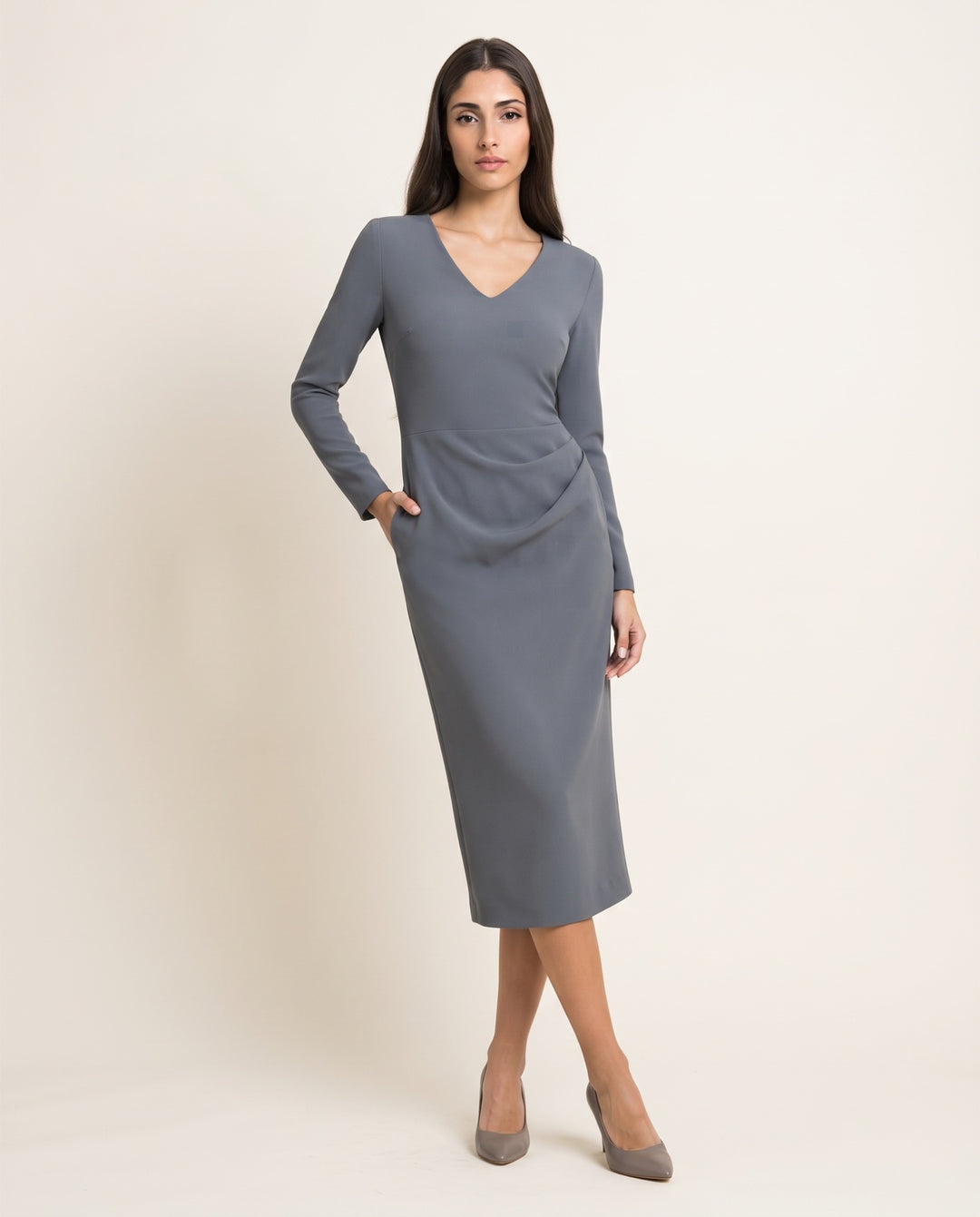 Side-Drape Long-Sleeve Crepe Midi Dress