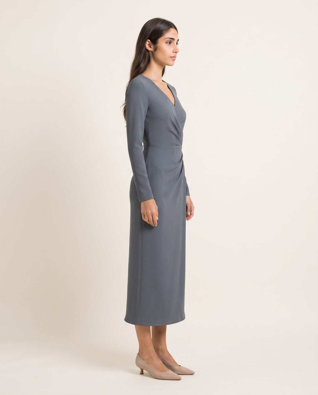 Side-Drape Long-Sleeve Crepe Midi Dress