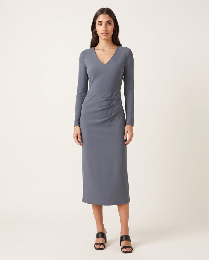 Side-Drape Long-Sleeve Crepe Midi Dress