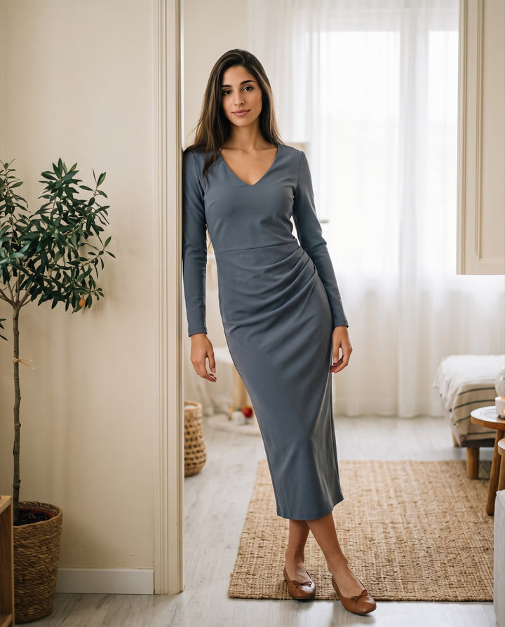 Side-Drape Long-Sleeve Crepe Midi Dress