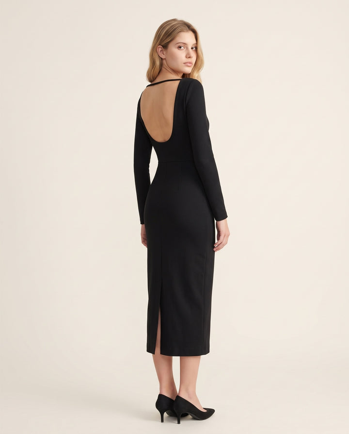 Long-Sleeve Scoop-Back Jersey Midi Dress