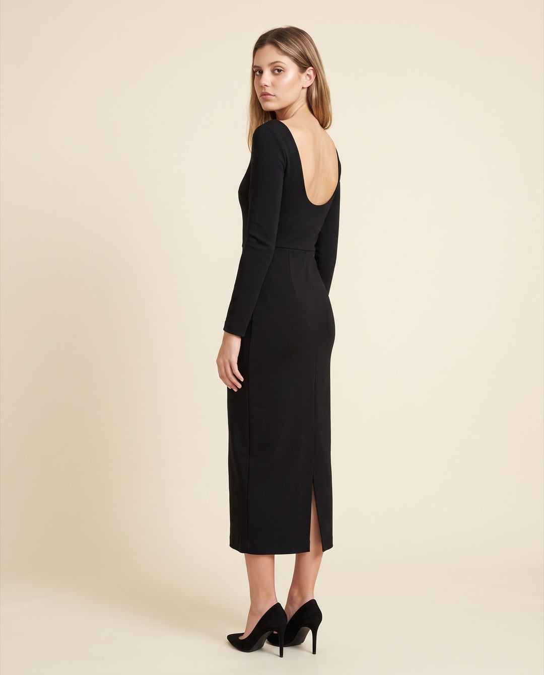Long-Sleeve Scoop-Back Jersey Midi Dress