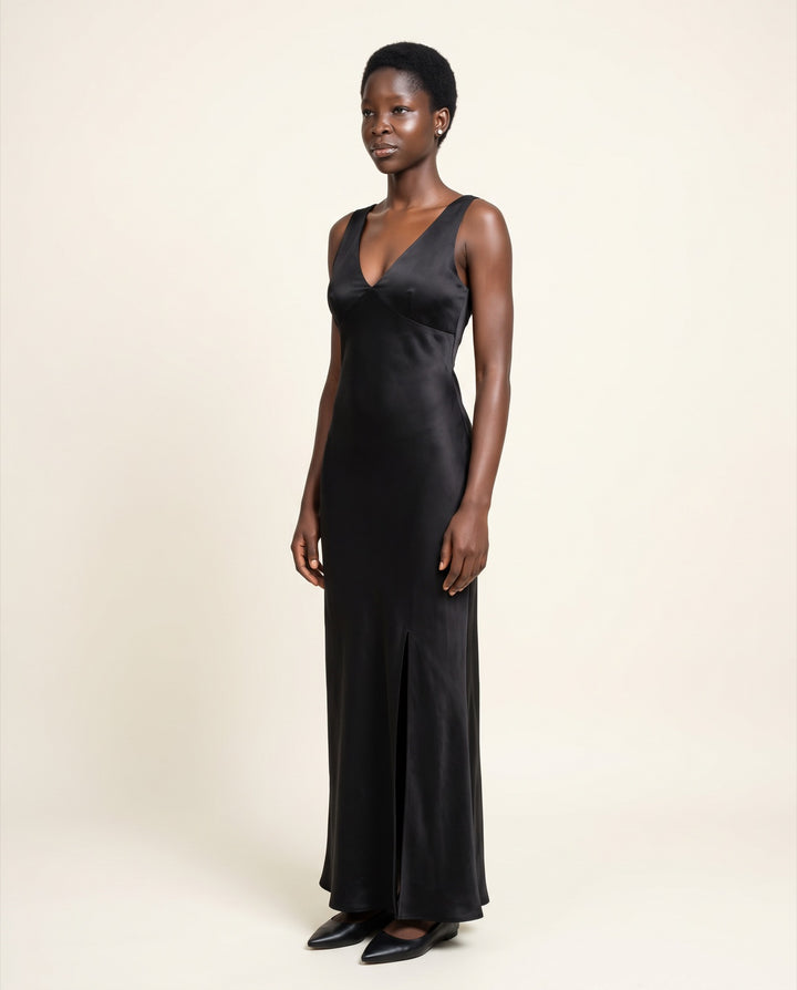 Plunge-V Satin Maxi Dress