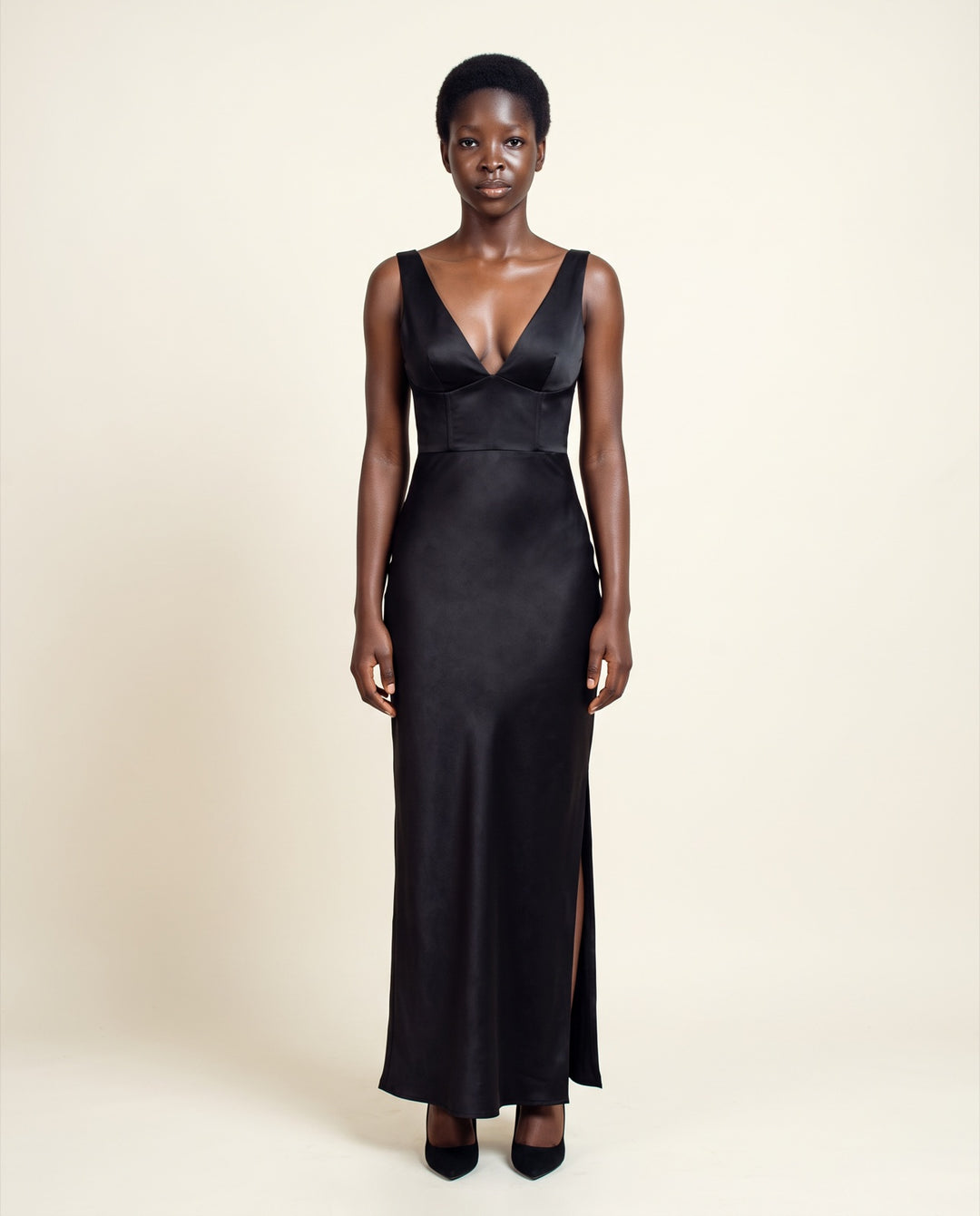Plunge-V Satin Maxi Dress