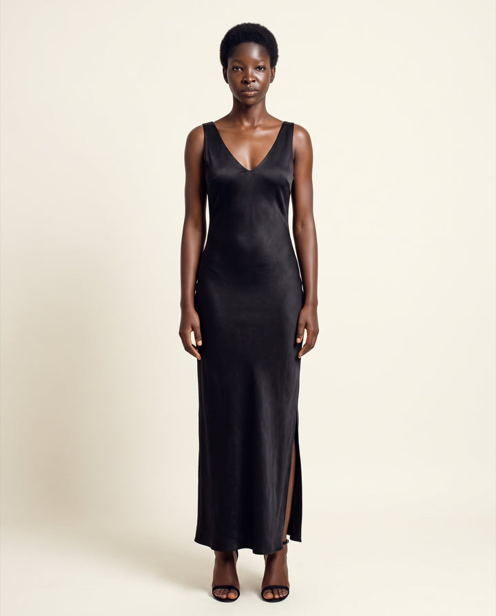 Plunge-V Satin Maxi Dress