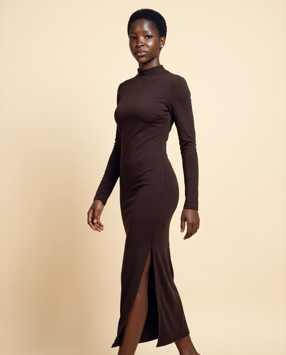 Mock-Neck Side-Slit Jersey Maxi Dress