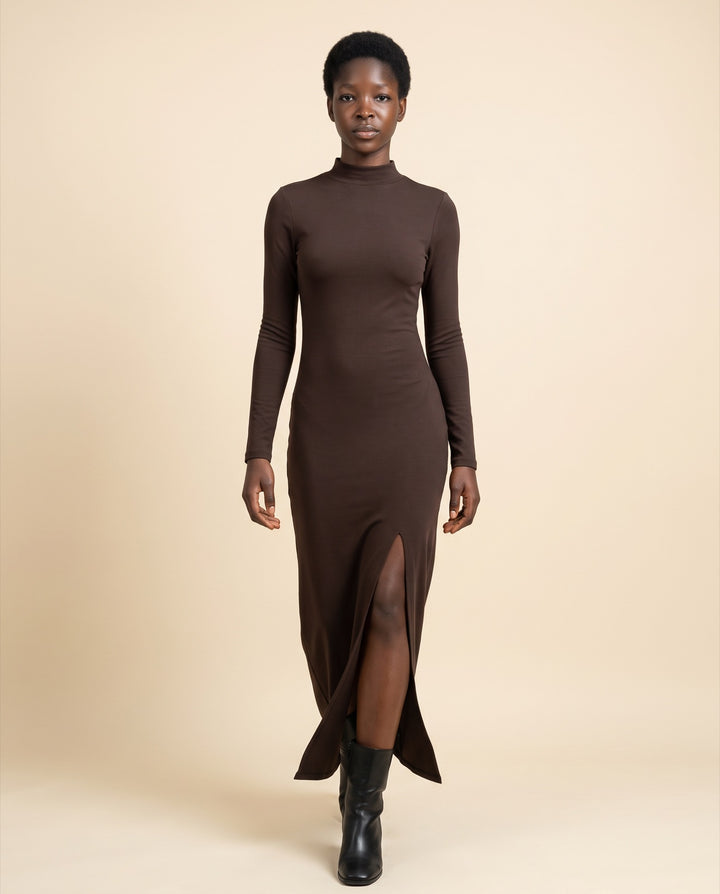 Mock-Neck Side-Slit Jersey Maxi Dress