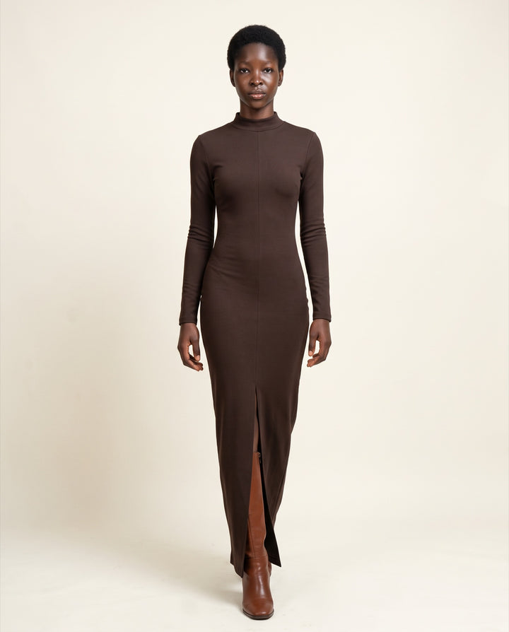 Mock-Neck Side-Slit Jersey Maxi Dress