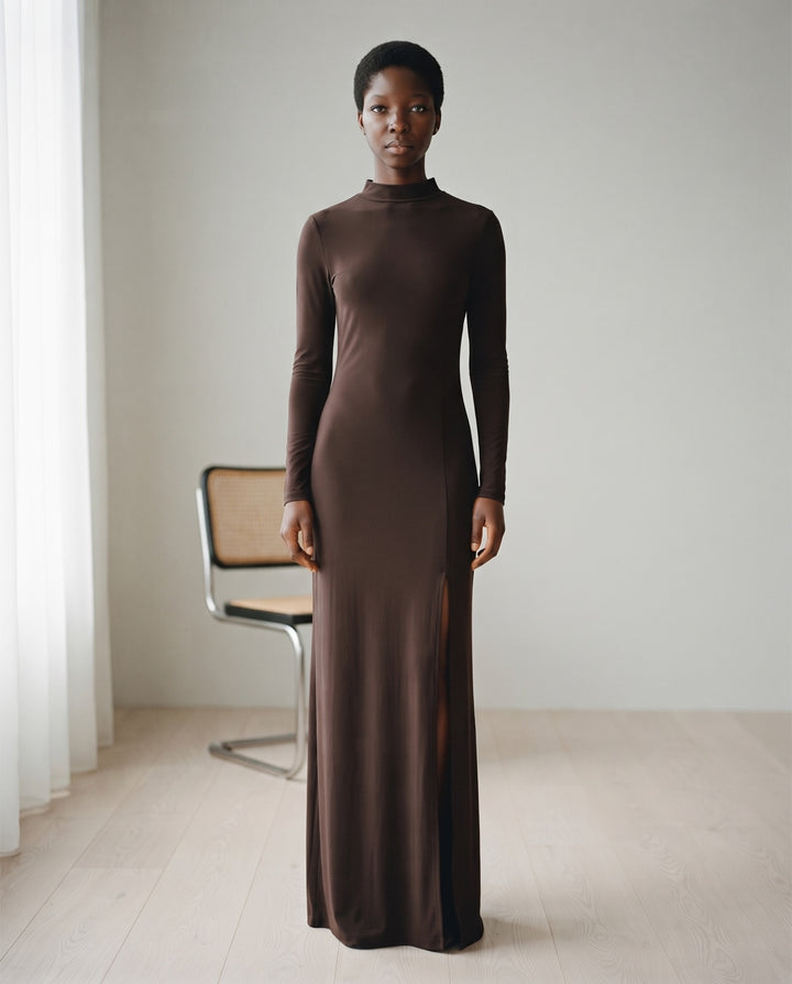 Mock-Neck Side-Slit Jersey Maxi Dress