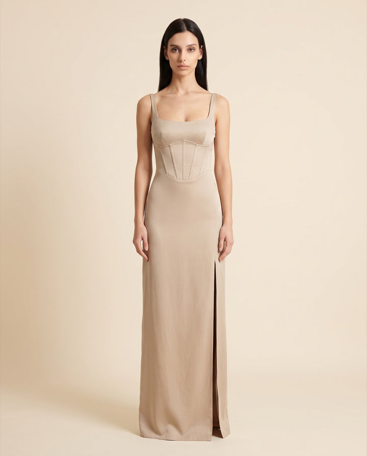 Square-Neck Corset Satin Maxi Dress