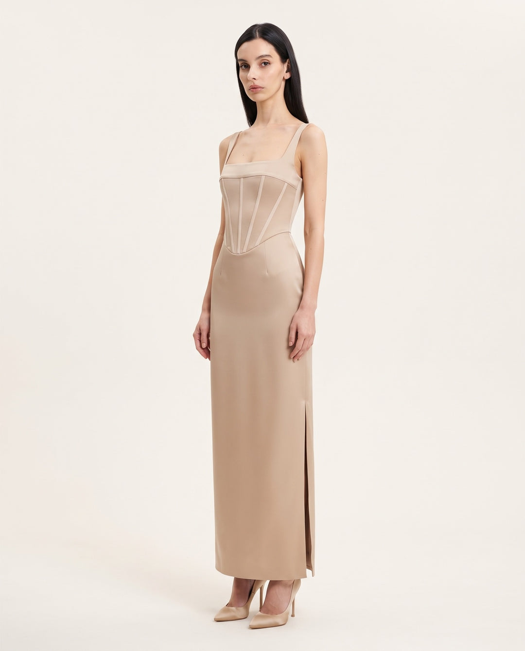 Square-Neck Corset Satin Maxi Dress