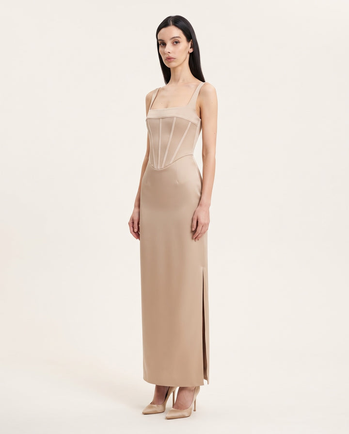 Square-Neck Corset Satin Maxi Dress