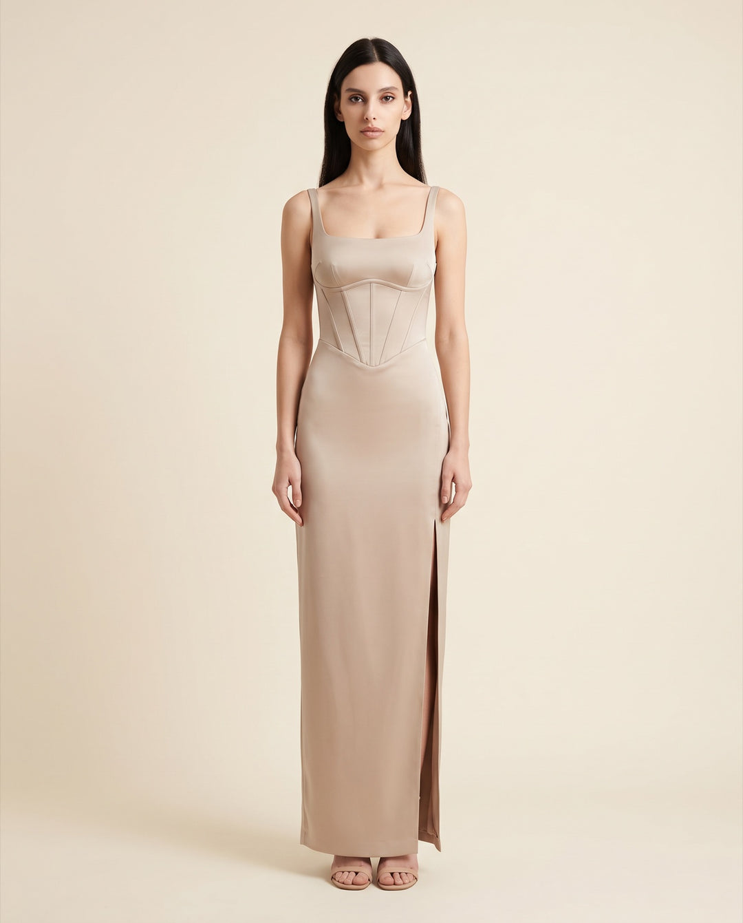 Square-Neck Corset Satin Maxi Dress