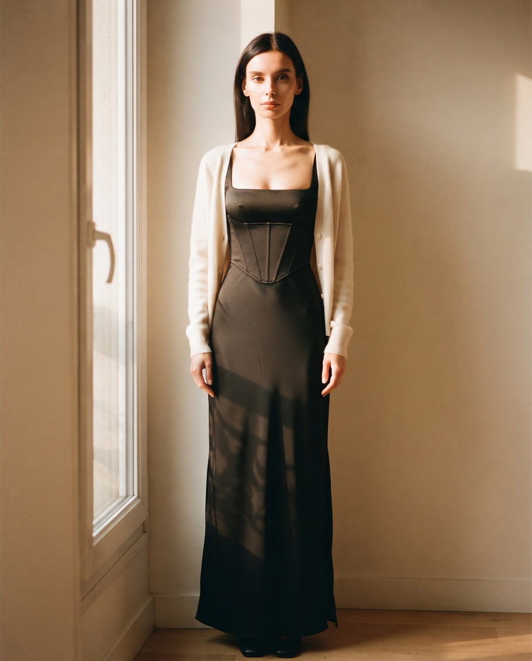Square-Neck Corset Satin Maxi Dress