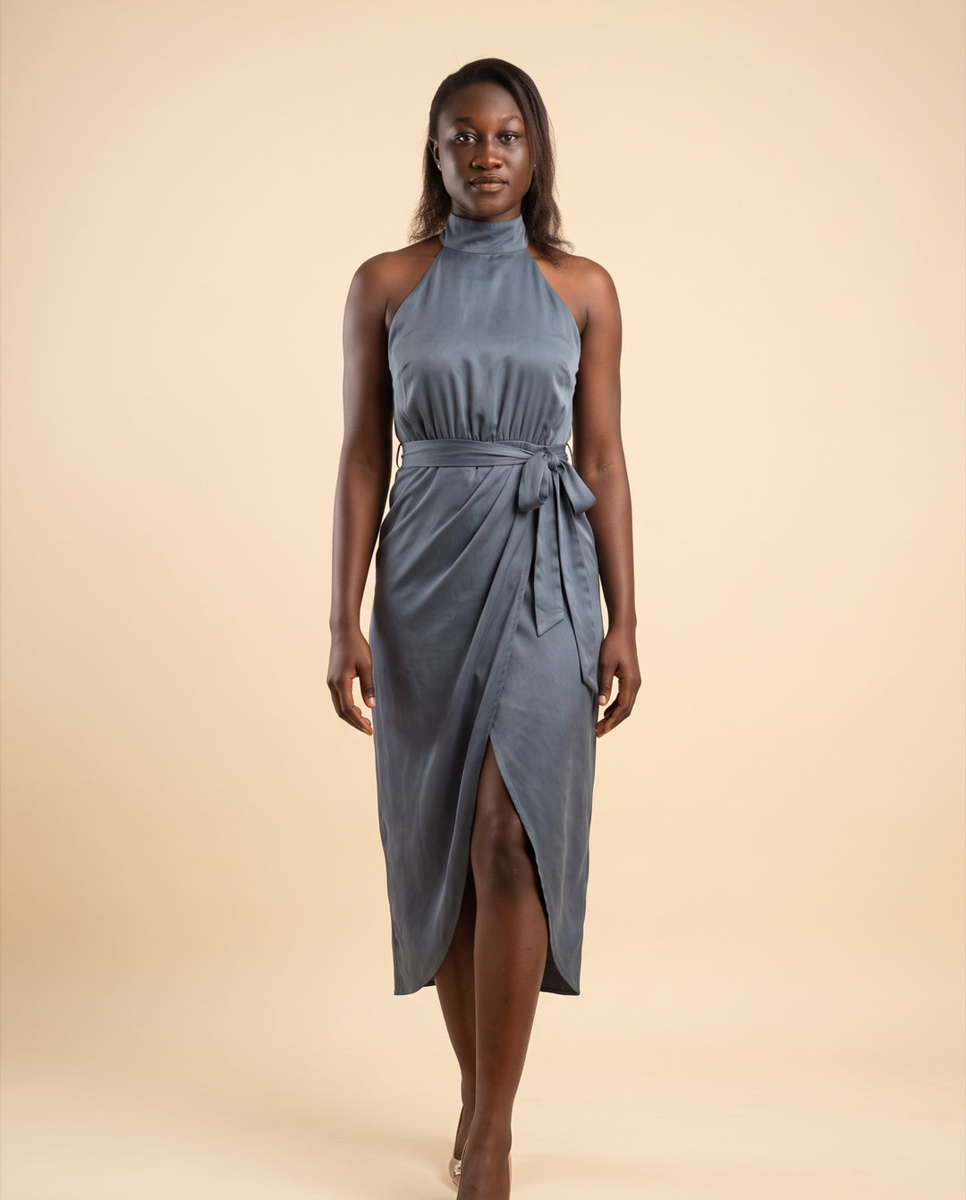 Halter Wrap Satin Midi Dress