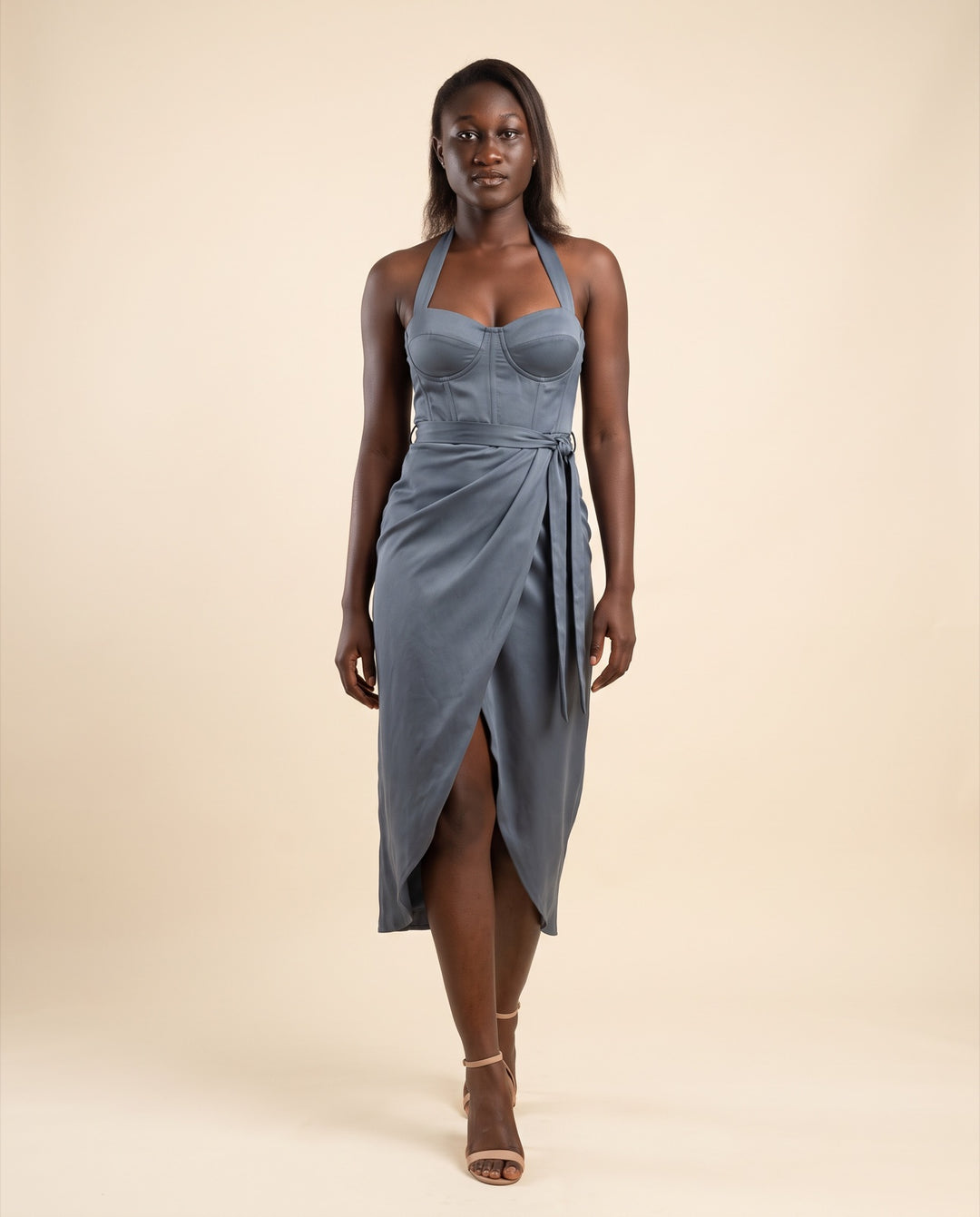 Halter Wrap Satin Midi Dress