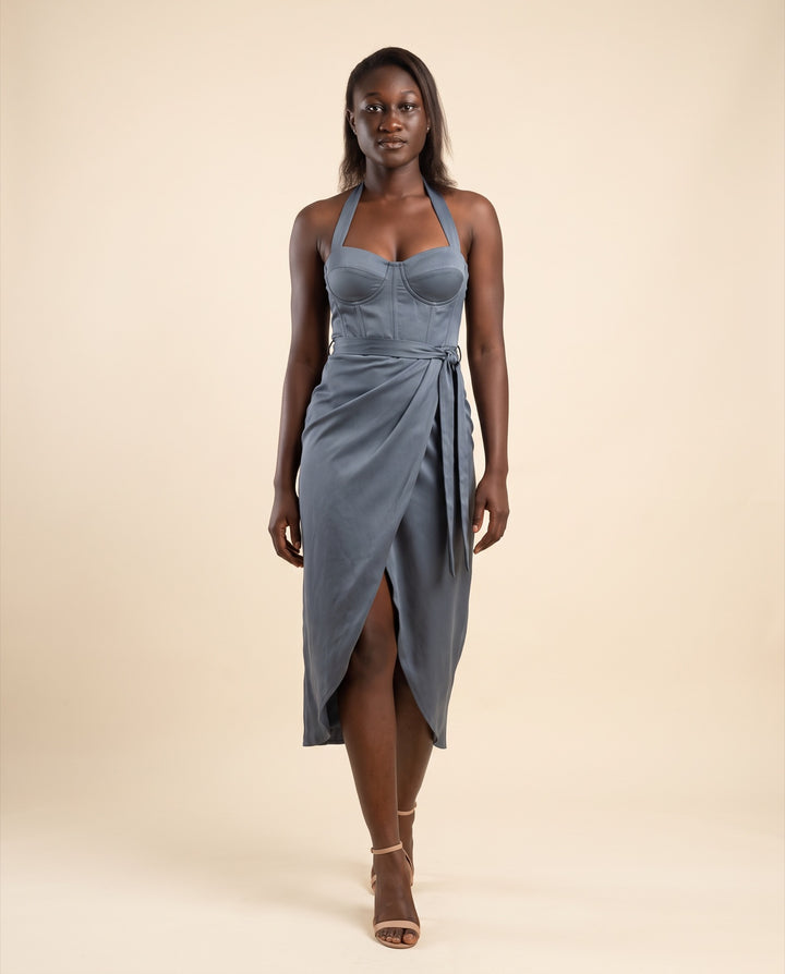 Halter Wrap Satin Midi Dress