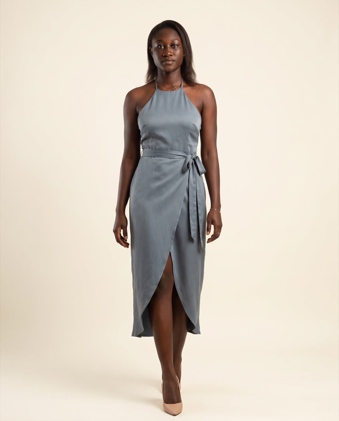 Halter Wrap Satin Midi Dress