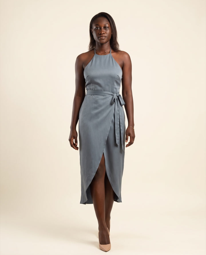 Halter Wrap Satin Midi Dress