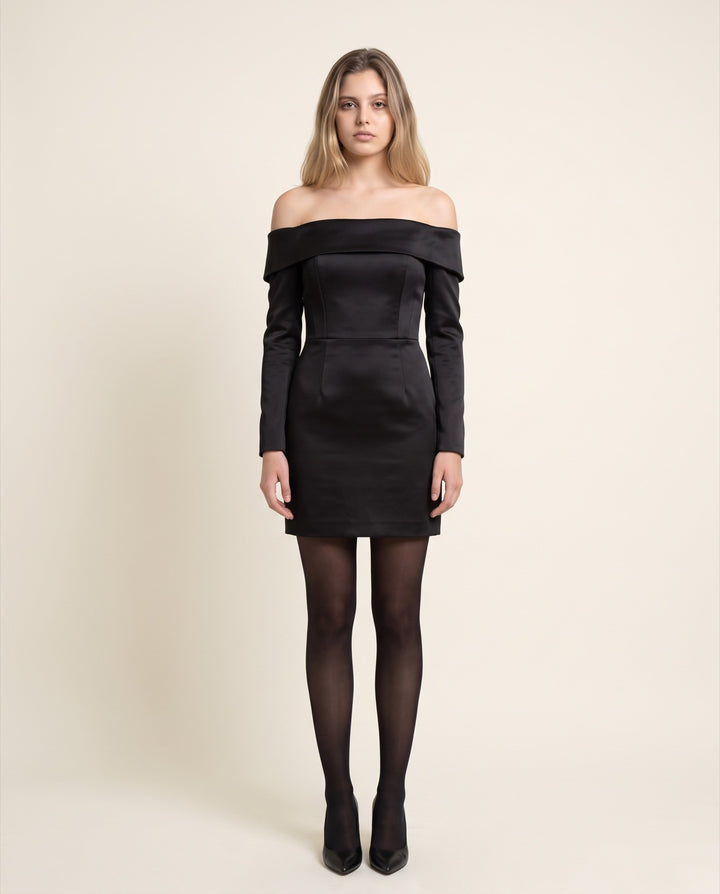 Long-Sleeve Off-Shoulder Satin Mini Dress
