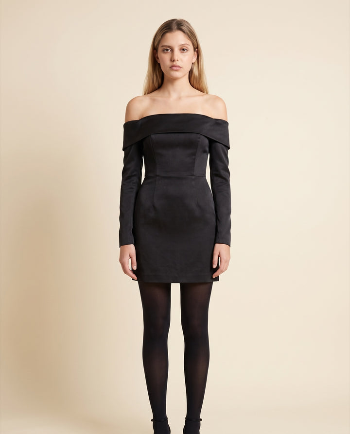Long-Sleeve Off-Shoulder Satin Mini Dress