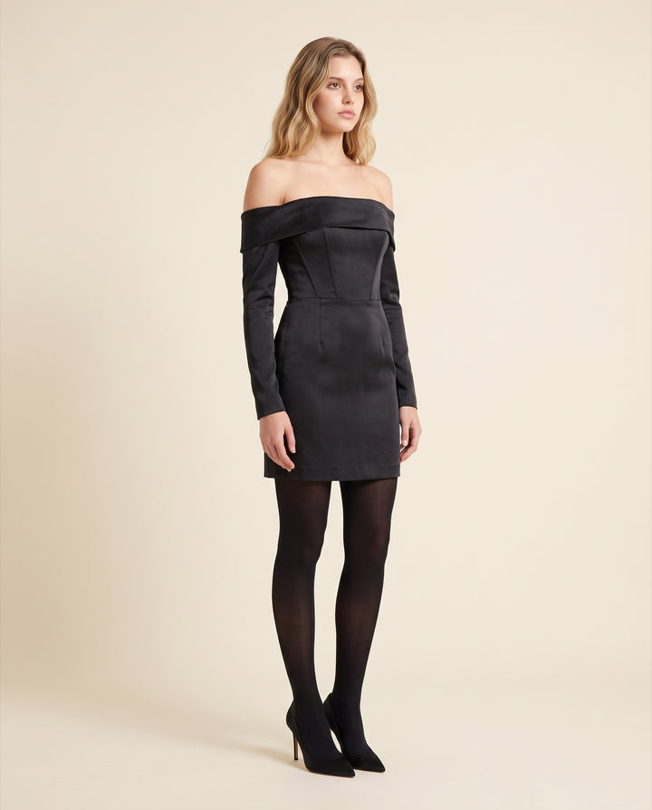 Long-Sleeve Off-Shoulder Satin Mini Dress