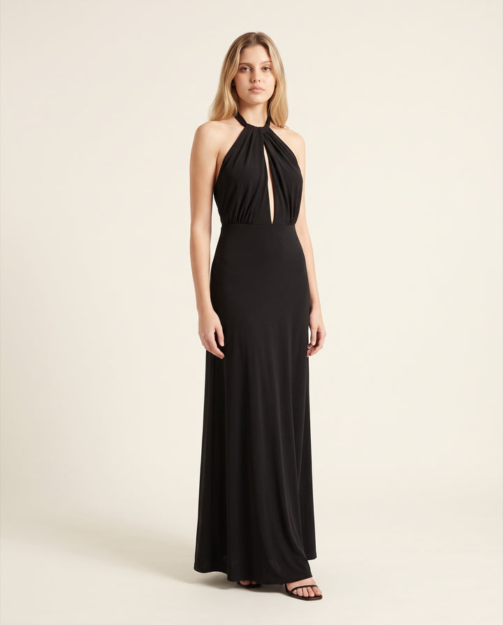 Draped Keyhole Halter Jersey Gown