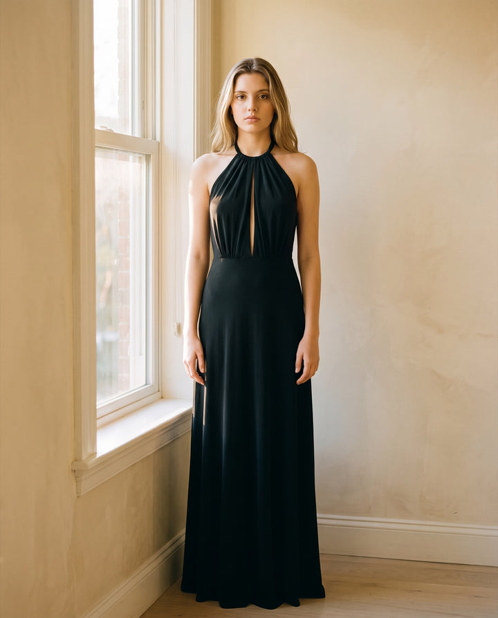 Draped Keyhole Halter Jersey Gown