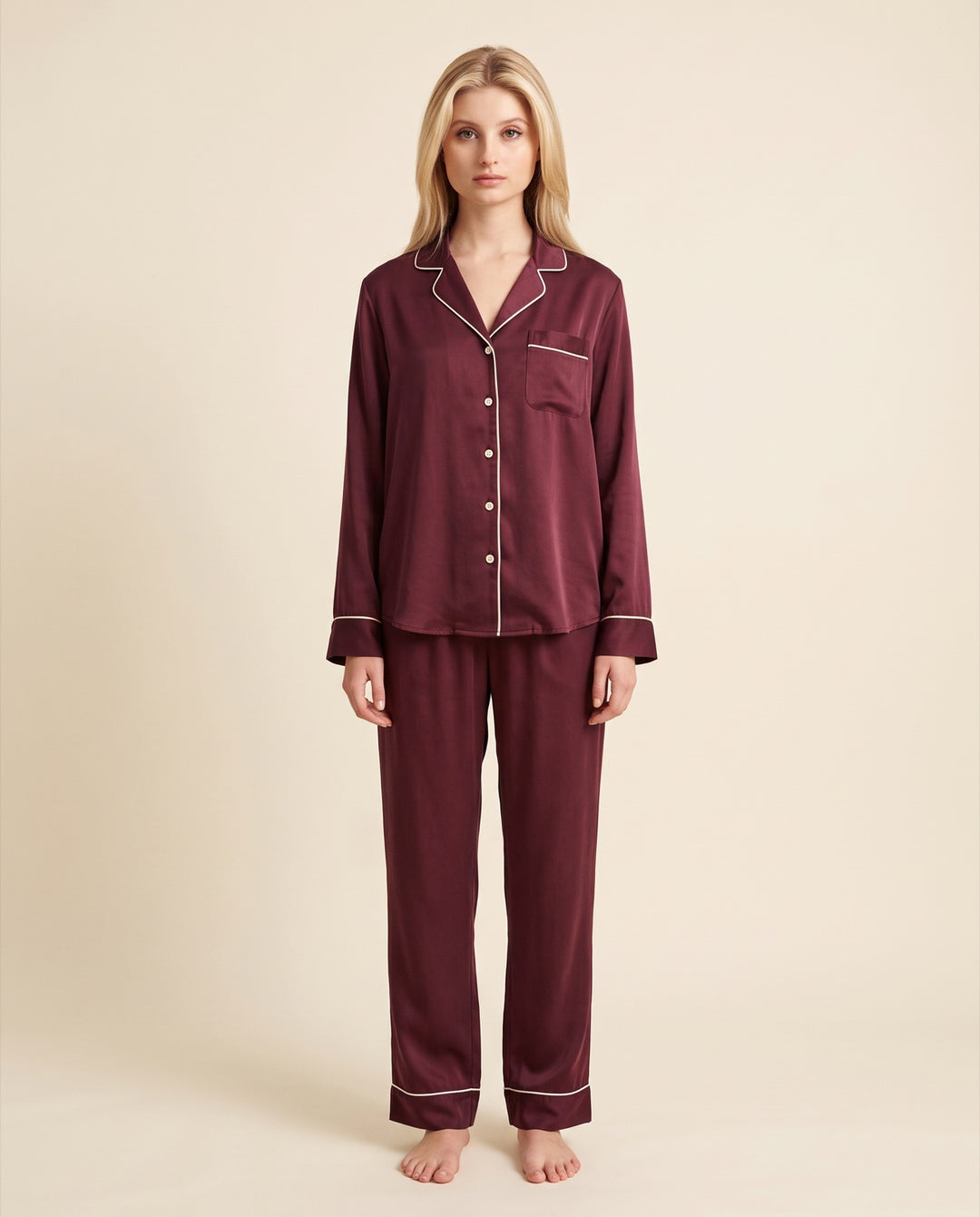 Piped Satin Long-Sleeve Pajama Set