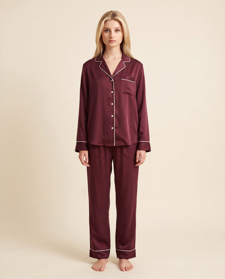 Piped Satin Long-Sleeve Pajama Set