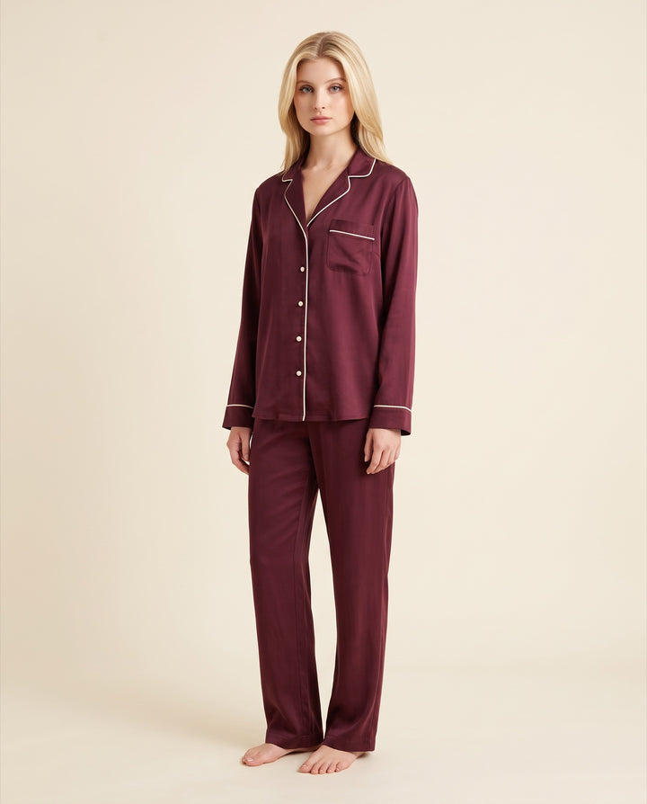 Piped Satin Long-Sleeve Pajama Set